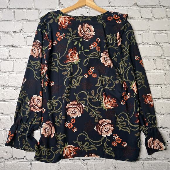 Loft Dark Ruffle Navy Blue Ruffle Accent Collar Sheer Blouse Size Medium - Picture 7 of 10